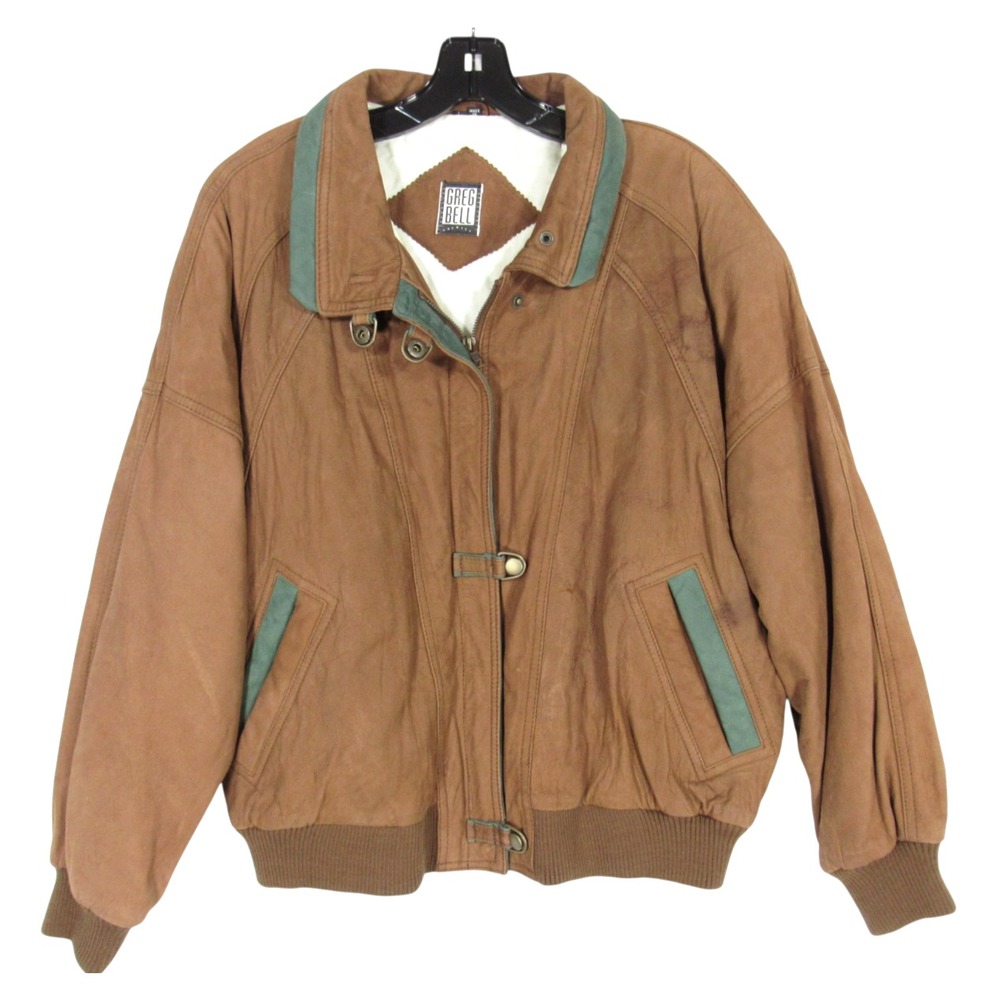 VTG GREG BELL Lined BROWN GENUINE LEATHER Green Trim POCKETS Bomber Jacket Sz L
